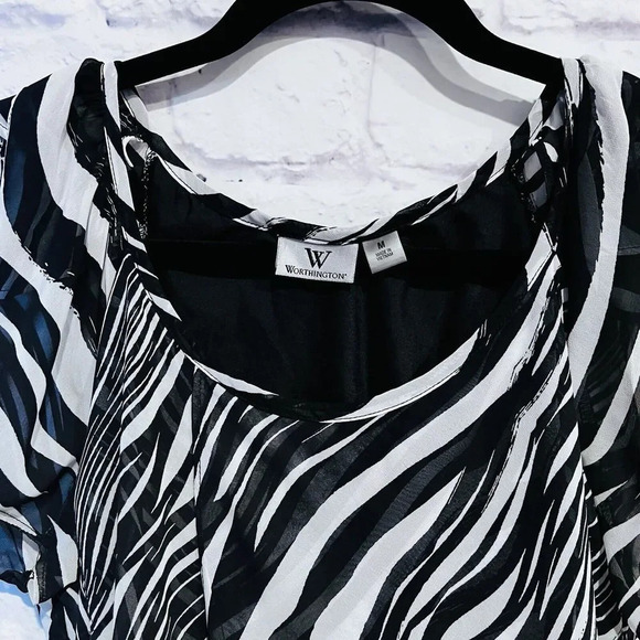 Worthington Zebra Print Fringe Short Sleeve Shirt Flowy Black White Medium - Picture 3 of 11